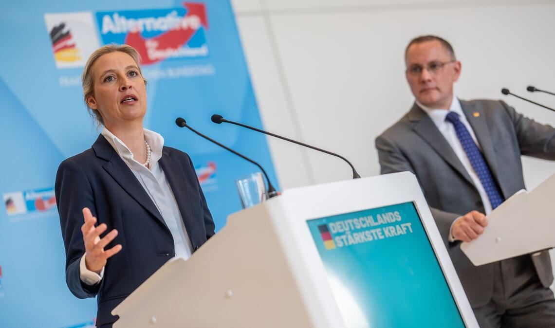 Die AfD von Alice Weidel und Tino Chrupalla hat in jüngsten Umfragen klar die Nase vorn. (Archivbild)