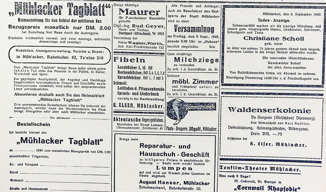 Hohe Politik in Bonn, hoher Sendemast in Mühlacker Die Anzeigen auf der Schlussseite. Neben Fibeln und Gummistrümpfen wird eine einjährige Milchziege angepriesen. Eine verlorene Aktentasche wartet auf ihren Eigentümer.