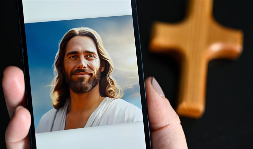 Die App „Text with Jesus“ von der Tech-Firma Catloaf Software auf einem Smartphone (Foto vom 20. September 2023). Die App ist seit Mitte Juni 2023 auf dem Markt. Nicht nur der Sohn Gottes steht hier zum Plaudern parat, auch Maria und Josef, die zwölf Jünger, sowie andere biblische Figuren wie Noah, Moses oder Lot.
