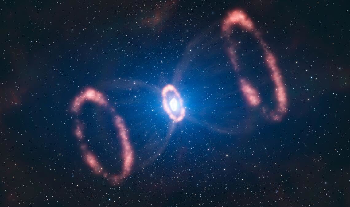Die Aufnahme des Very Large Telescope (VLT) der ESO (European Southern Observatory) zeigt Material im inneren Kern der Supernova 1987a, das sich mit 100 Millionen Kilometern pro Stunde nach außen bewegt. Doch selbst mit dieser Geschwindigkeit benötigt die Materie des Sternes zehn Jahre, um einen umliegenden Ring aus Gas und Staub zu erreichen. Bei den beiden großen Ringen rechts und links handelt es sich um Wölkchen, die der Stern sehr lange vor der Explosion ausgestoßen hat.