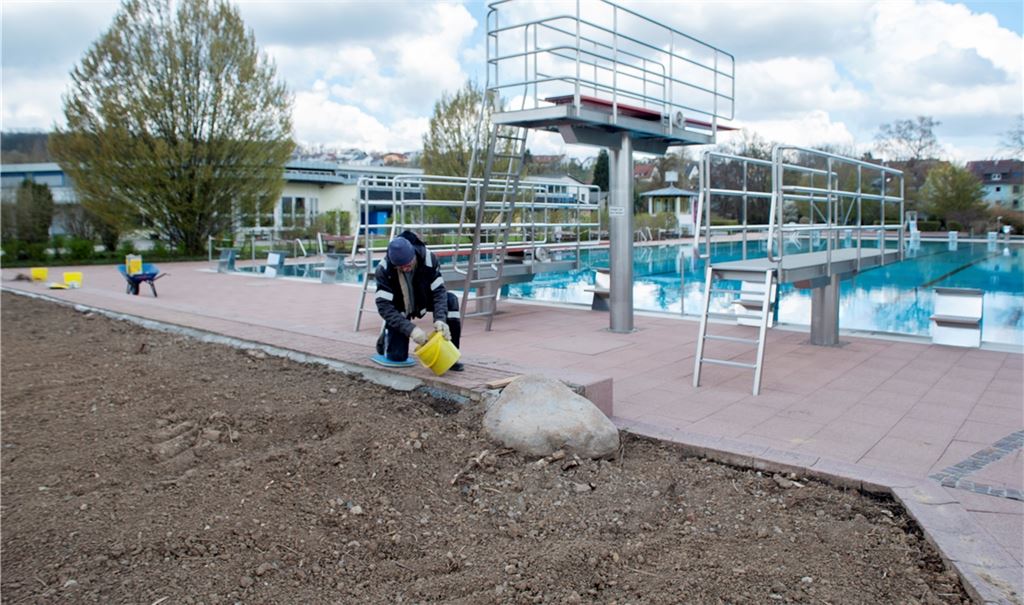 Die Außenfläche im Sprungbrettbereich des Freibads ist komplett von der Gehölzvegetation befreit worden.