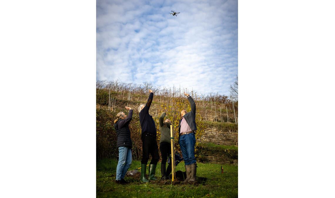 Die Baumpflanzaktion wird per Drohne dokumentiert. Foto: SSG/Jürgen Franke
