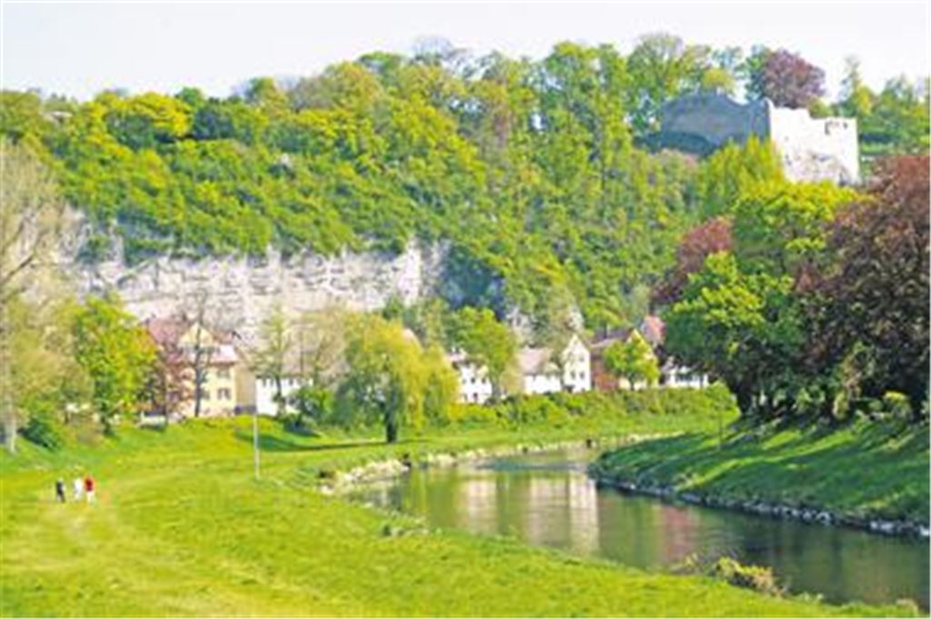 Die Enz mit der Burgruine Löffelstelz im Hintergrund. Die kleine Gartenschau im Jahr 2015 soll das Flussvorland noch attraktiver machen.
Foto: Sadler