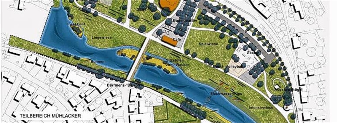 Die Enz soll künftig natürlich in einer geschwungenen Linie fließen. Dazu tragen Kiesbänke, Buhnen sowie Flachwasserbereiche und Tiefwasserzonen bei. Planung: privat