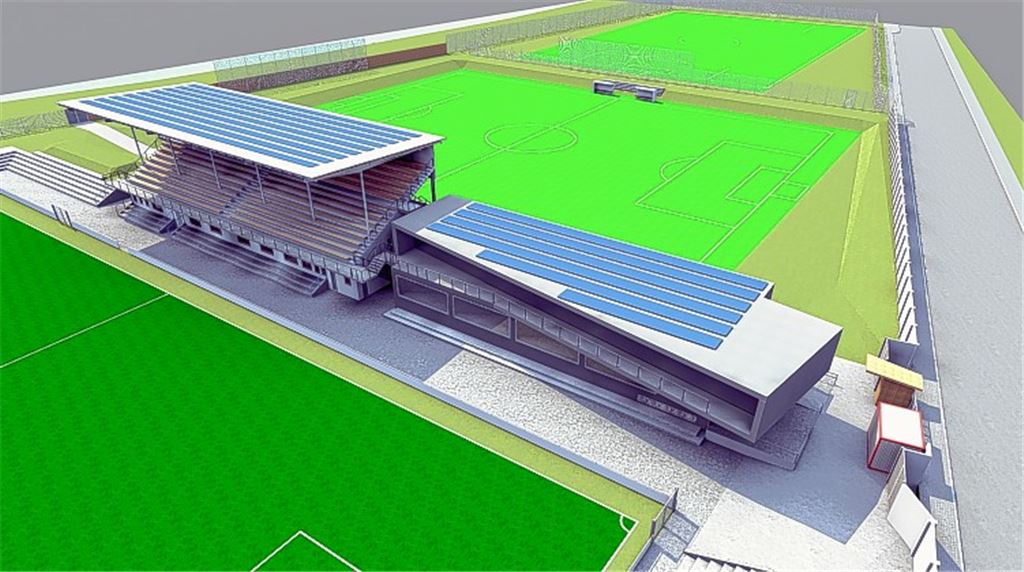 Die Grafik lässt erahnen, wie das Gelände im Brötzinger Tal aussehen wird, wenn es fertiggestellt wird. Als nächstes steht der Neubau des Clubhauses (vorne rechts) an. Illustration: architektur.büro.geiser