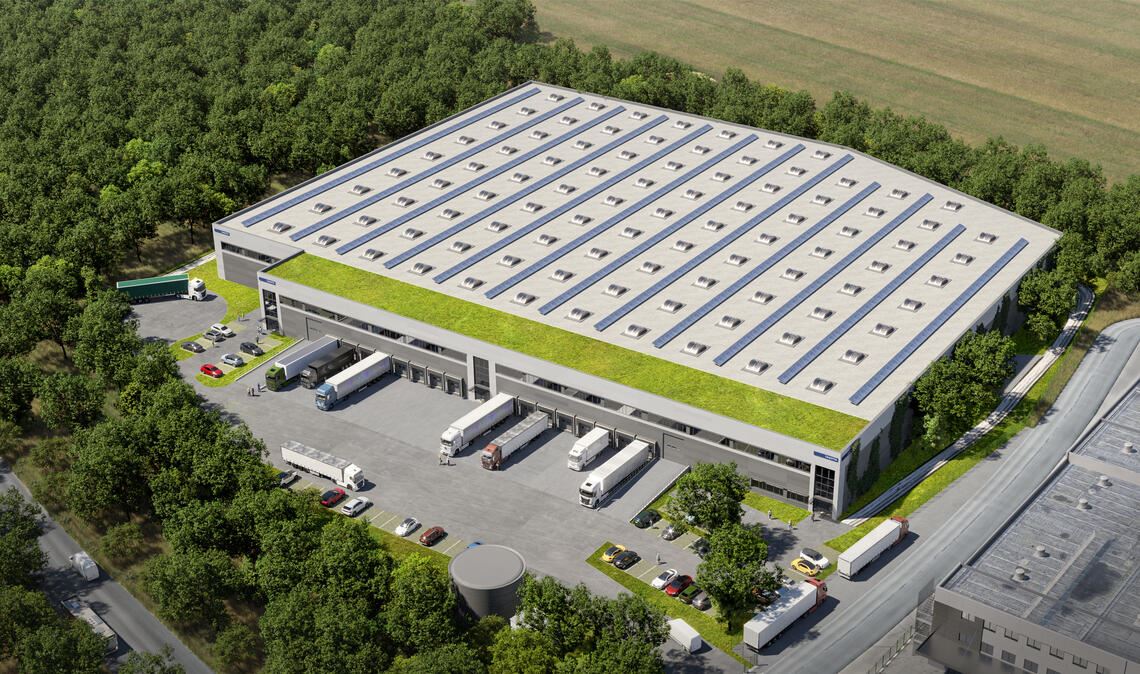 Die Grafik zeigt, wie die Halle aussehen kann. Zur Orientierung: Rechts im Bild liegen die ersten Gebäude von Mahle, links führt die L1134 in richtung B10. Grafik: Lang&Cie. Real Estate Ag