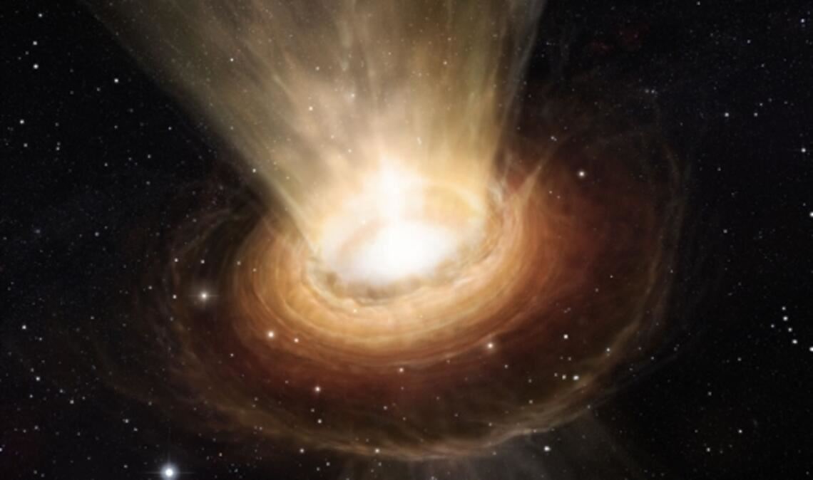 Die Illustration zeigt die Umgebung des supermassereichen Schwarzen Lochs im Herzen der aktiven Galaxie NGC 3783 im südlichen Sternbild Centaurus.