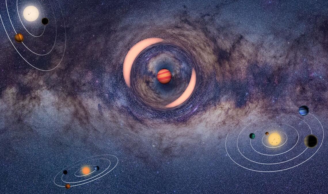 Die Illustration zeigt einen frei schwebenden Planeten, der das Licht eines dahinter liegenden Sterns ablenkt - ähnlich wie bei einem Brennglas.
