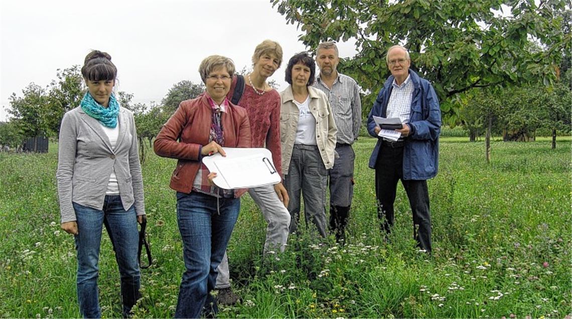 Die Juroren Dorothee Braband, Martina Hörmann, Regine Einfeld (v.li.) und Alfred Breitling (re.) begutachten die Wiese von Doris und Theo Schaufelberger.