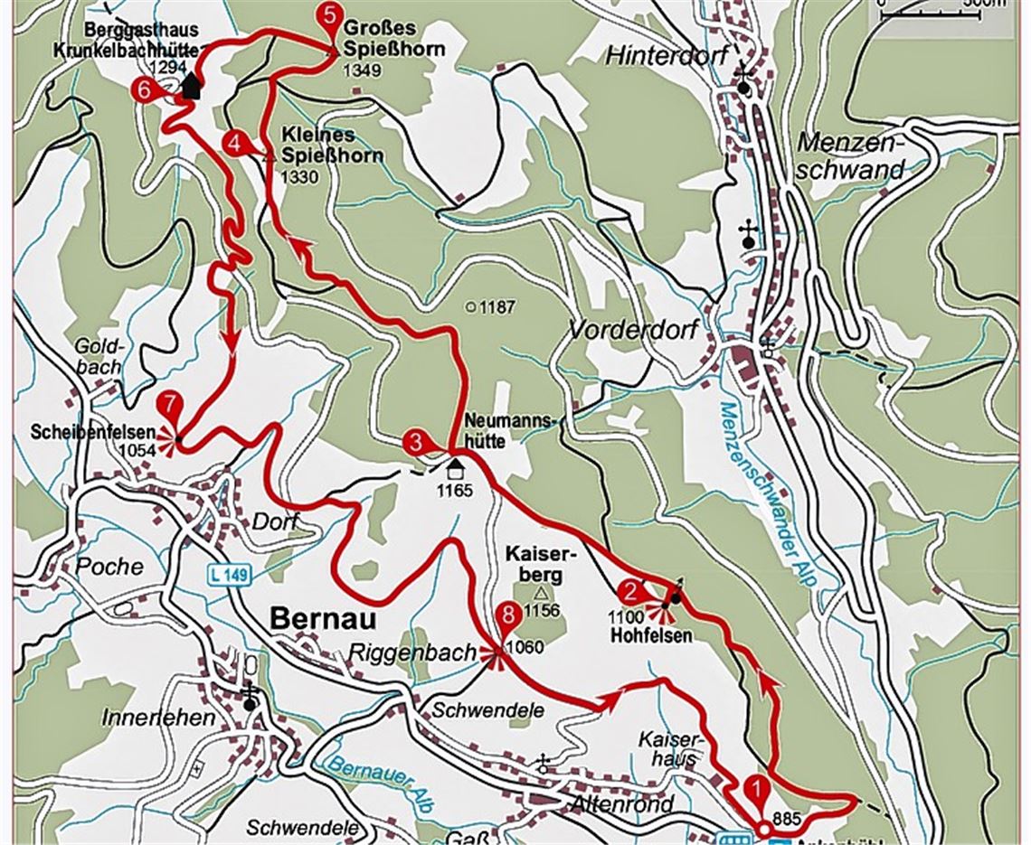 Gipfelglück mit Alpenblick Die Karte bietet eine Tourübersicht mit durchnummerierten Punkten, die im Text enthalten sind.