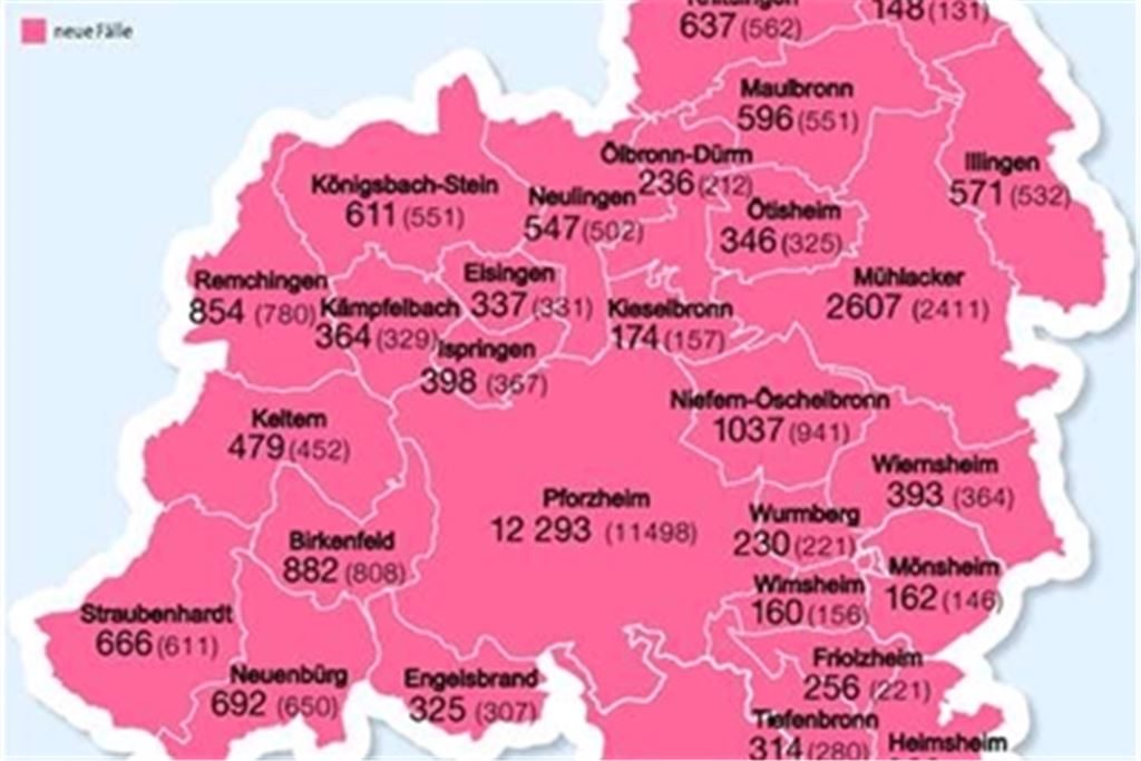 Die Karte zeigt die Fallzahlen in den Städten und Gemeinden im Vergleich zum 12. November. Grafik: Mühlacker Tagblatt/Datenquelle: Landratsamt