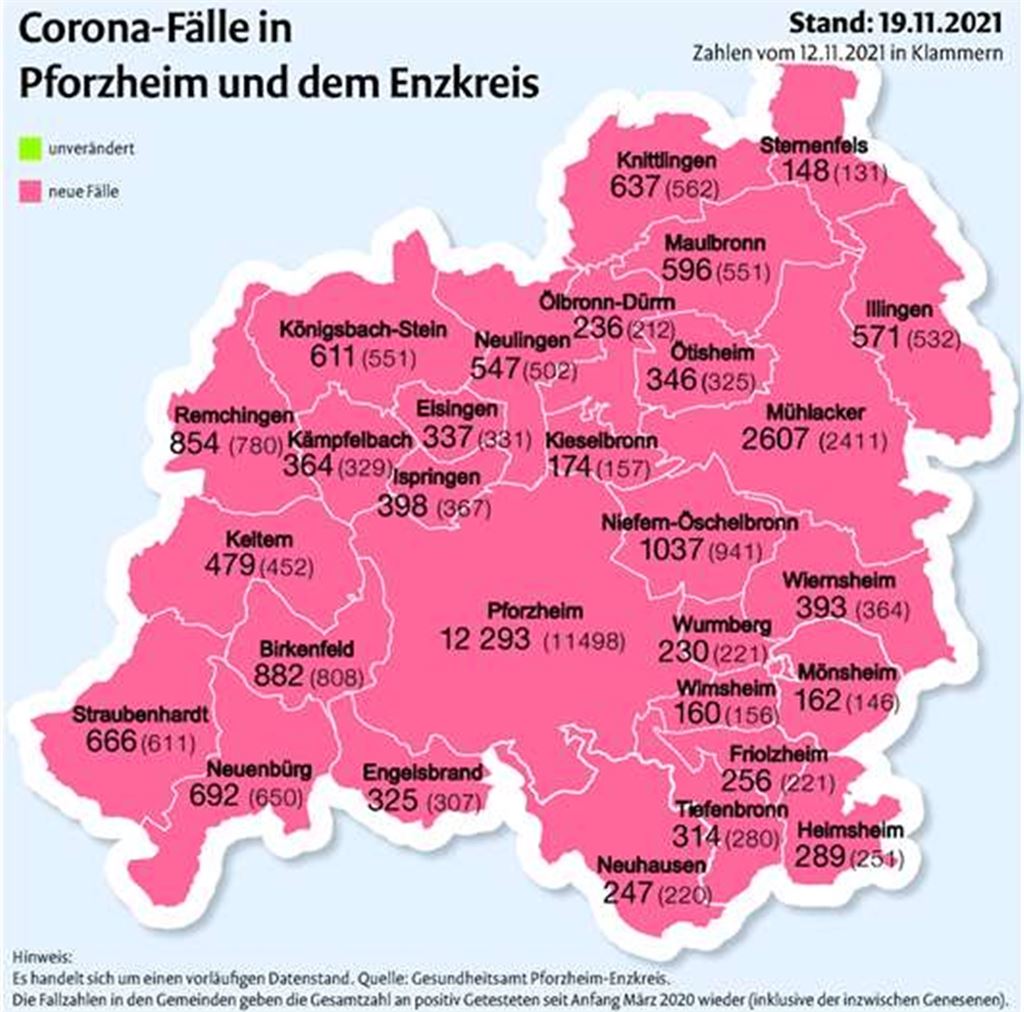 Die Karte zeigt die Fallzahlen in den Städten und Gemeinden im Vergleich zum 12. November.