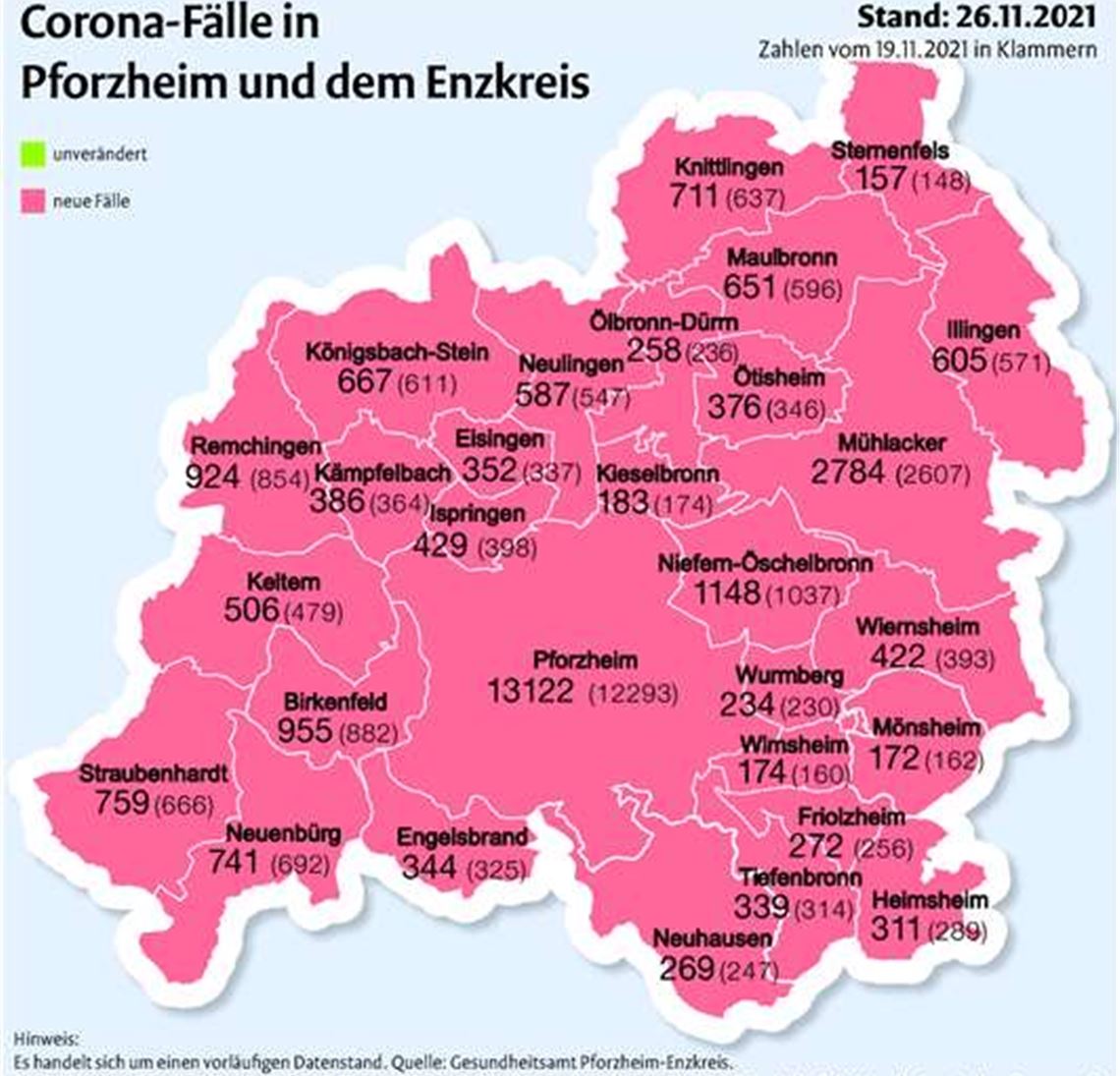 Die Karte zeigt die Fallzahlen in den Städten und Gemeinden im Vergleich zum 19. November.