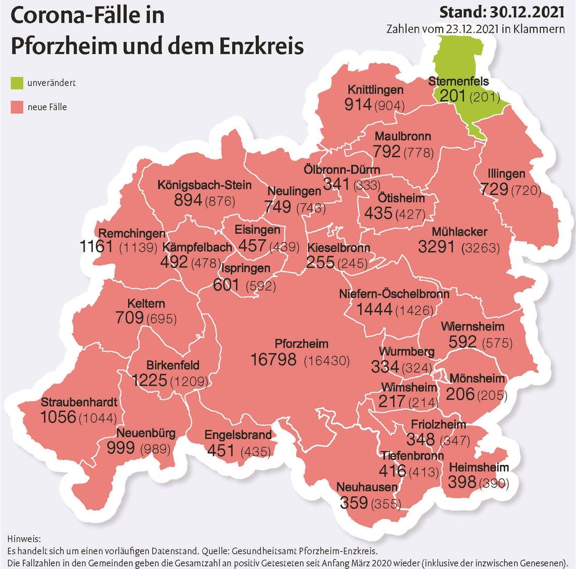 Die Karte zeigt die Fallzahlen in den Städten und Gemeinden im Vergleich zum 23. Dezember.