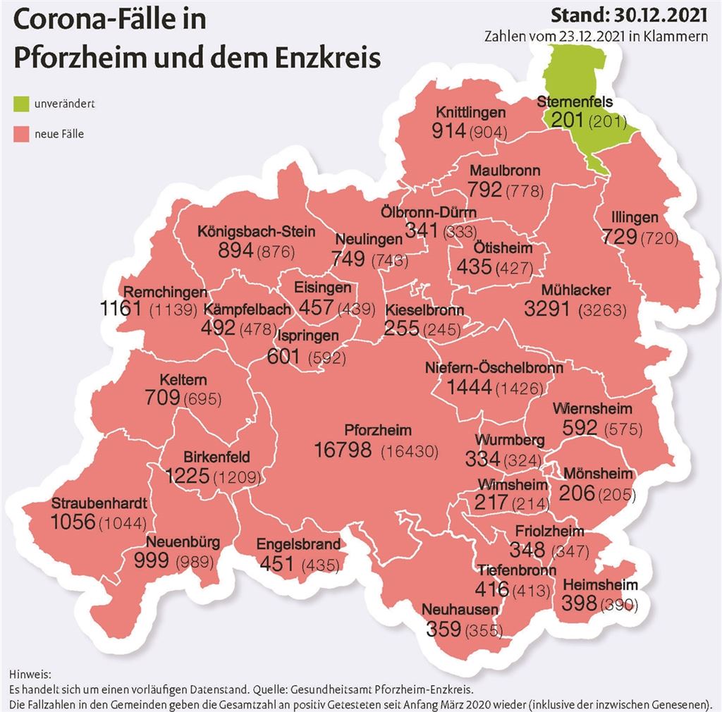 Die Karte zeigt die Fallzahlen in den Städten und Gemeinden im Vergleich zum 23. Dezember.