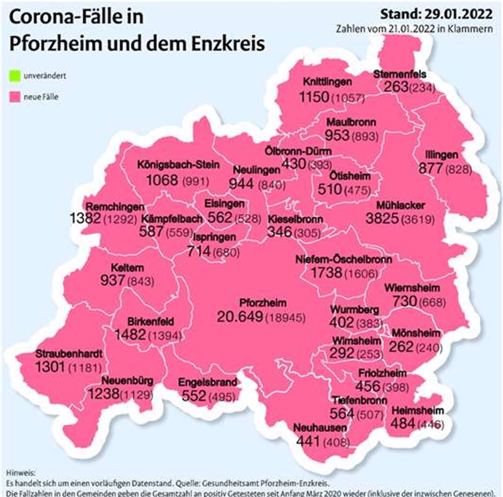 Die Karte zeigt die Fallzahlen in den Städten und Gemeinden im Vergleich zum 21. Januar.