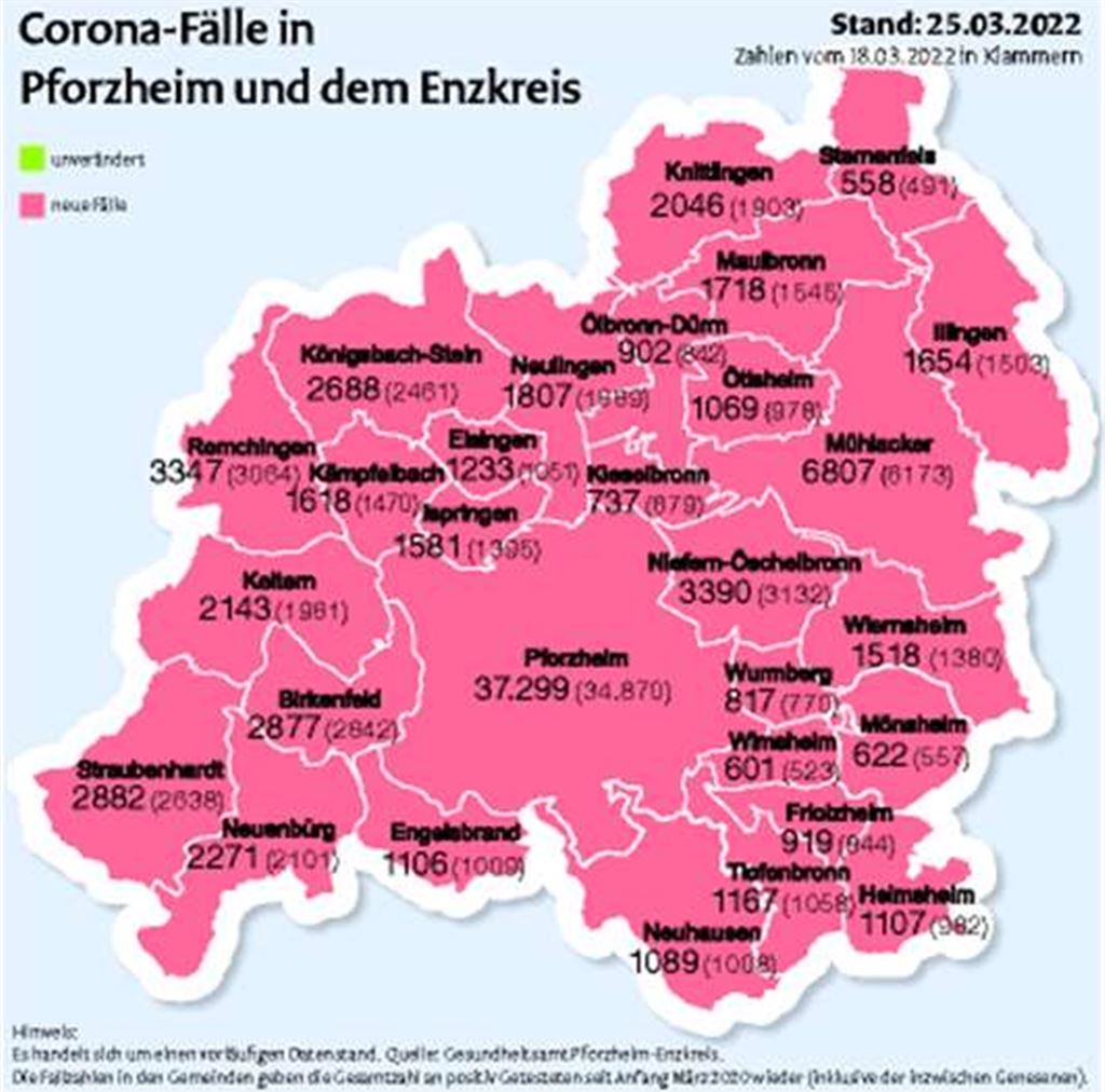 Die Karte zeigt die Fallzahlen in den Städten und Gemeinden im Vergleich zum 18. März.