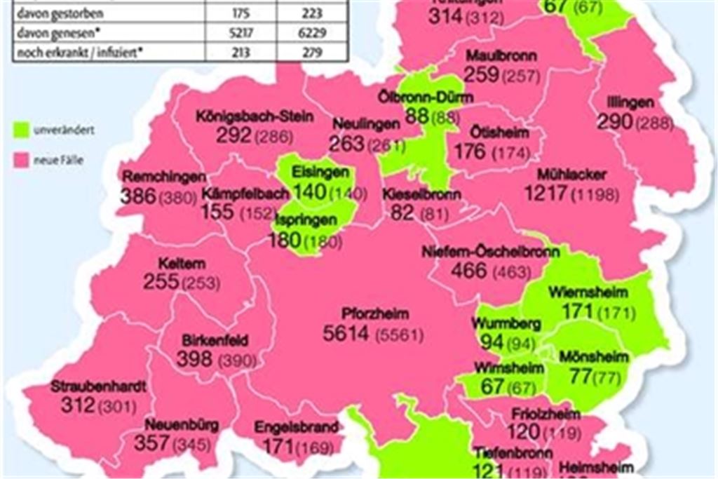 Die Karte zeigt die aktuelle Entwicklung in den Kommunen im Enzkreis im Vergleich zum vergangenen Freitag – und viele fragen sich, wie es in der Pandemie weitergeht. Karte: MT