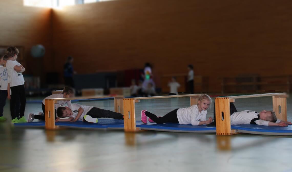 Ötisheimer Kinder turnen einmal um die Welt Die Kinder des TSV Ötisheim absolvieren verschiedene Übungen und überwinden viele Hindernisse. Foto: Gießler