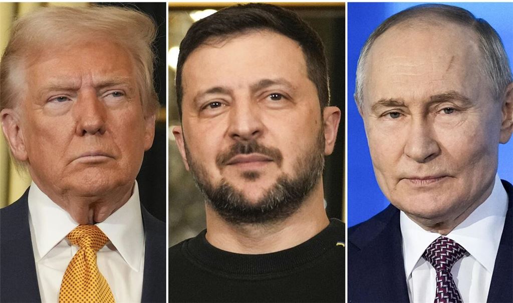 Die Kombo zeigt US-Präsident Donald Trump (l), den ukrainischen Präsidenten Wolodymyr Selenskyj (M)  und Russlands Präsident Wladimir Putin.