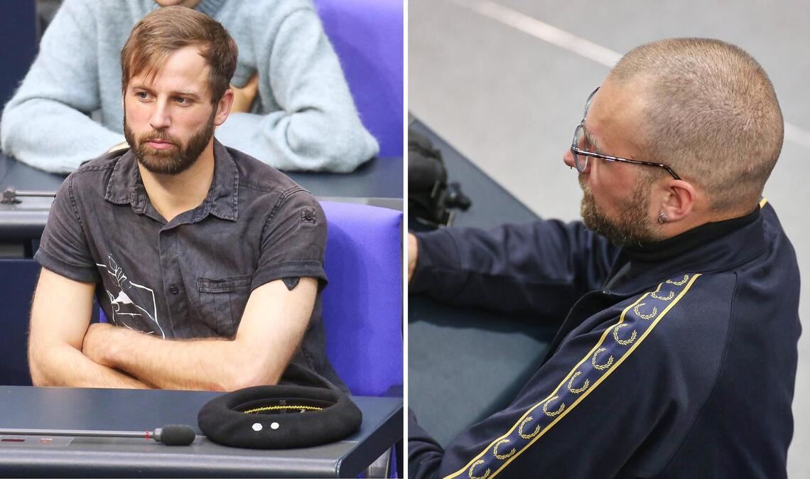 Die Linken-Abgeordneten Marcel Bauer (links) und Vinzenz Glaser im Bundestag – fast schon seltene Bilder, denn die beiden verpassen beinahe jede zweite namentliche Abstimmung.