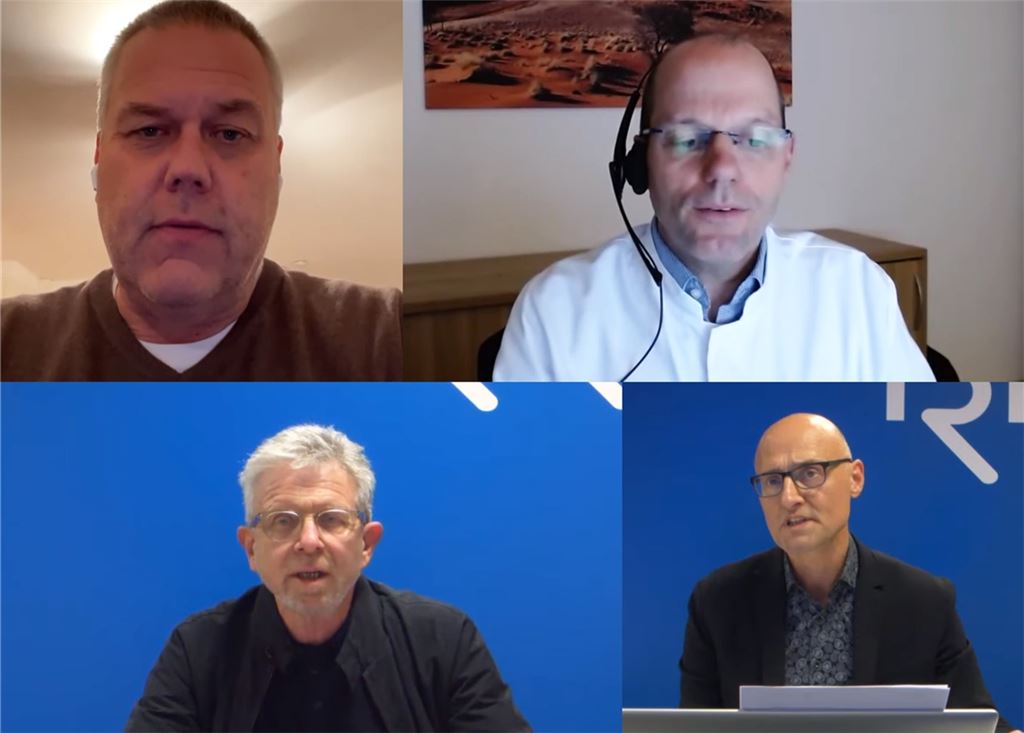 Die Mediziner Dr. Götz Geldner und Dr. Martin Schuster (oben, v. li.) sowie Dr. Jörg Martin und Pressesprecher Alexander Tsongas (unten, v.li.) informieren in einer Videoschalte über Covid und die Situation an den RKH-Kliniken. Foto: Friedrich