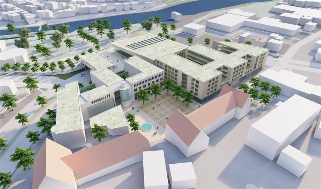 Die „Neue Mitte“ mit Wohn- und Geschäftshaus am Kelterplatz und einer neuen Stadthalle über der B10 ist bislang nur eine Idee. Was daraus wird, ist völlig offen. Grafik: Archiv