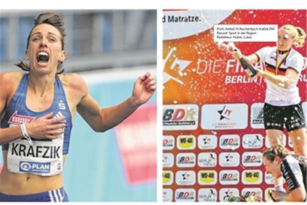 Die Öschelbronnerin Carolina Krafzik jubelt nach dem Sieg auf der 400-Meter-Hürdenstrecke, Nina Reichenbach aus Ötisheim freut sich über den Meistertitel im Fahrradtrial.Fotos: privat, Görlitz