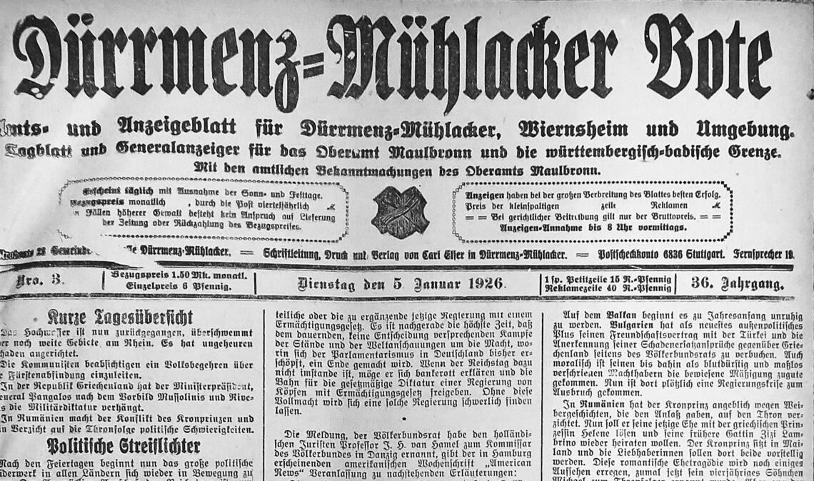 Die „Politischen Streiflichter“ auf der Titelseite der Ausgabe vom 5. Januar lassen erahnen, dass 1926 kein ruhiges Jahr werden wird. Fotos: Becker