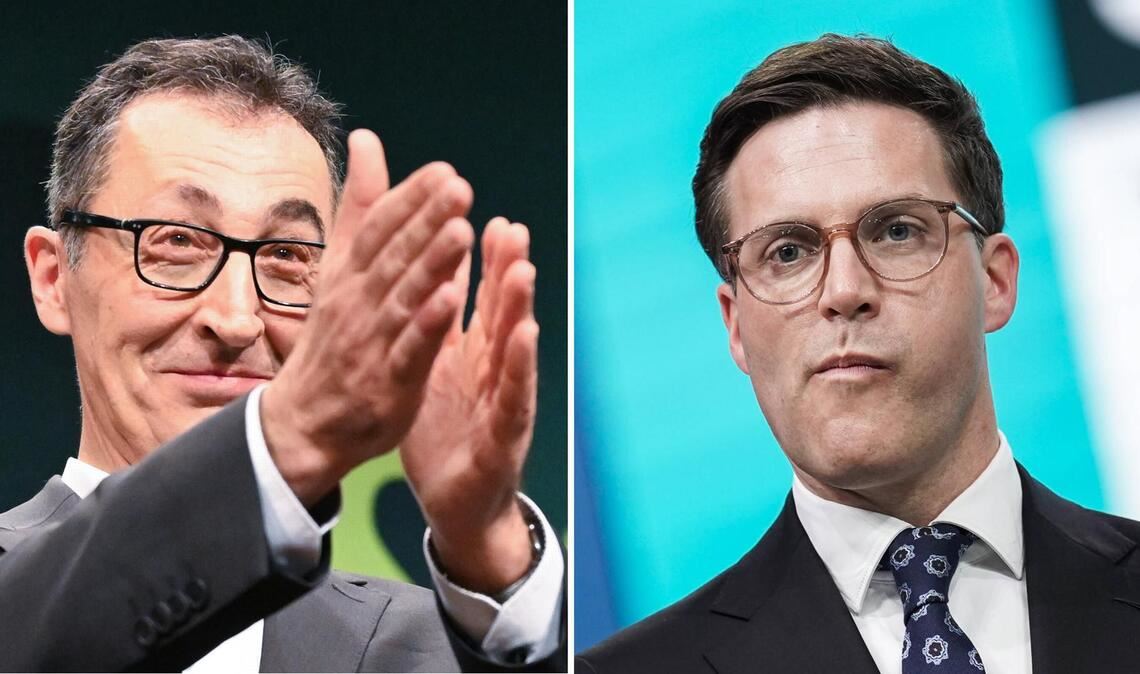 Die Prognosen um 18 Uhr sehen die Grünen mit Spitzenkandidat Cem Özdemir (links) vor der CDU und Manuel Hagel. (Archivfotos)