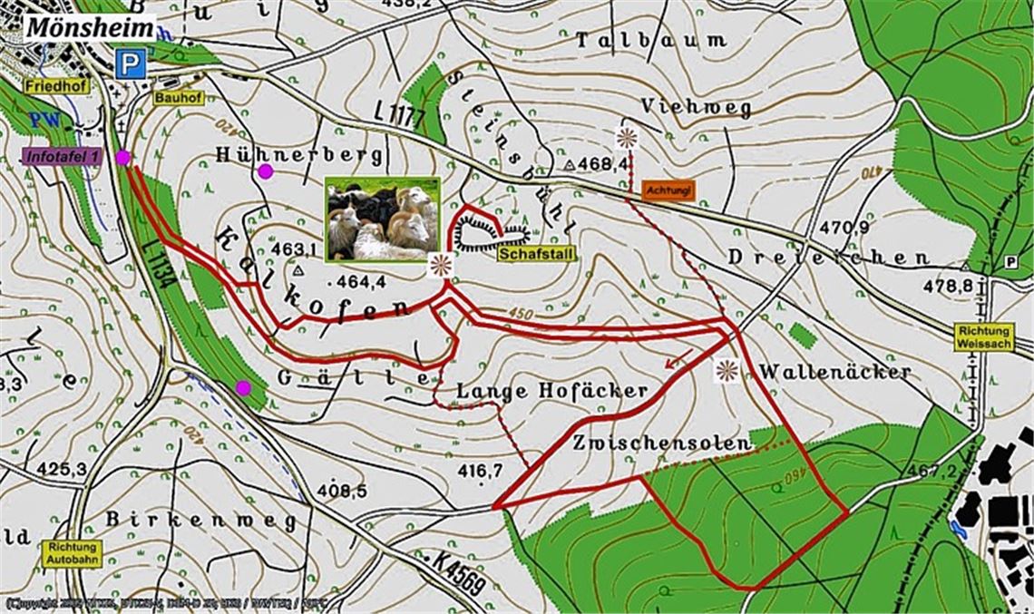 Die Rundwanderung führt durchs Naturschutzgebiet Kalkofen bei Mönsheim. Grundlage für die Wanderroute ist die topographische Karte 1:50000 des Landesamts für Geoinformation und Landentwicklung Baden-Württemberg. www.lgl-bw.de