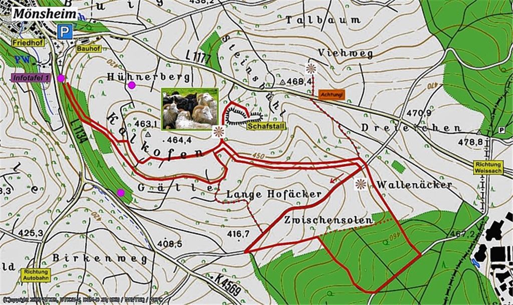 Die Rundwanderung führt durchs Naturschutzgebiet Kalkofen bei Mönsheim. Grundlage für die Wanderroute ist die topographische Karte 1:50000 des Landesamts für Geoinformation und Landentwicklung Baden-Württemberg. www.lgl-bw.de