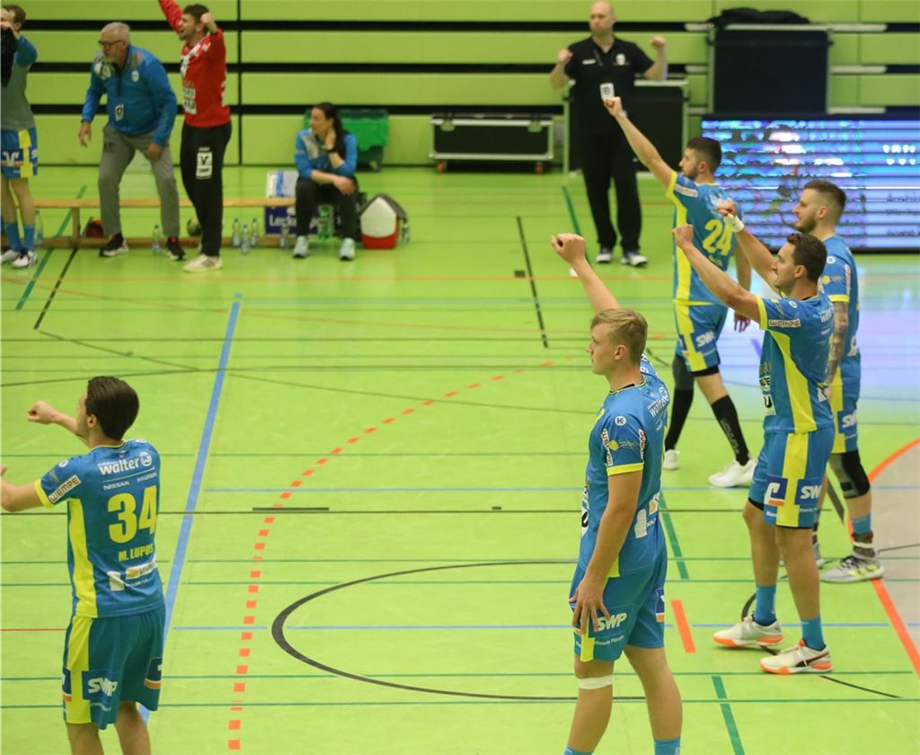 Die SG Pforzheim/Eutingen – hier im Lokalderby gegen die TGS Pforzheim am 1. Mai – hat in der aktuellen Ligapokal-Runde viel zu jubeln. Bisher wurden alle Partien gewonnen.Foto: Huber