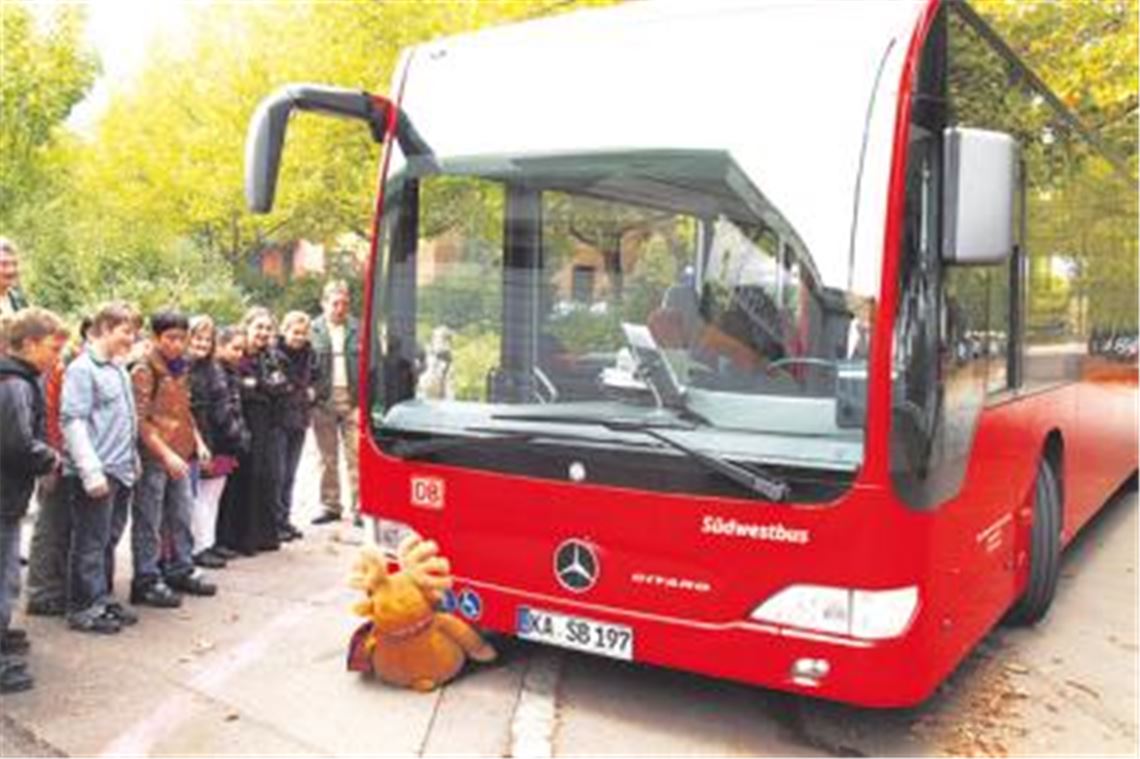 Die Schüler lernen, wie sie sich beim Warten auf den Bus verhalten müssen, um nicht wie Plüschelch Rudi unter die Räder zu kommen. Foto: Appich
