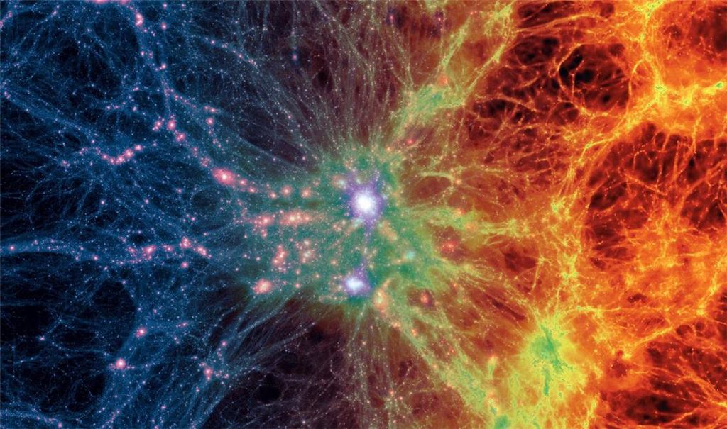 Die Simulation von kosmischen Filamenten zeigt den Übergang von dunkler Materie (blau-violette Färbung) zu normaler Materie (orange-rot).