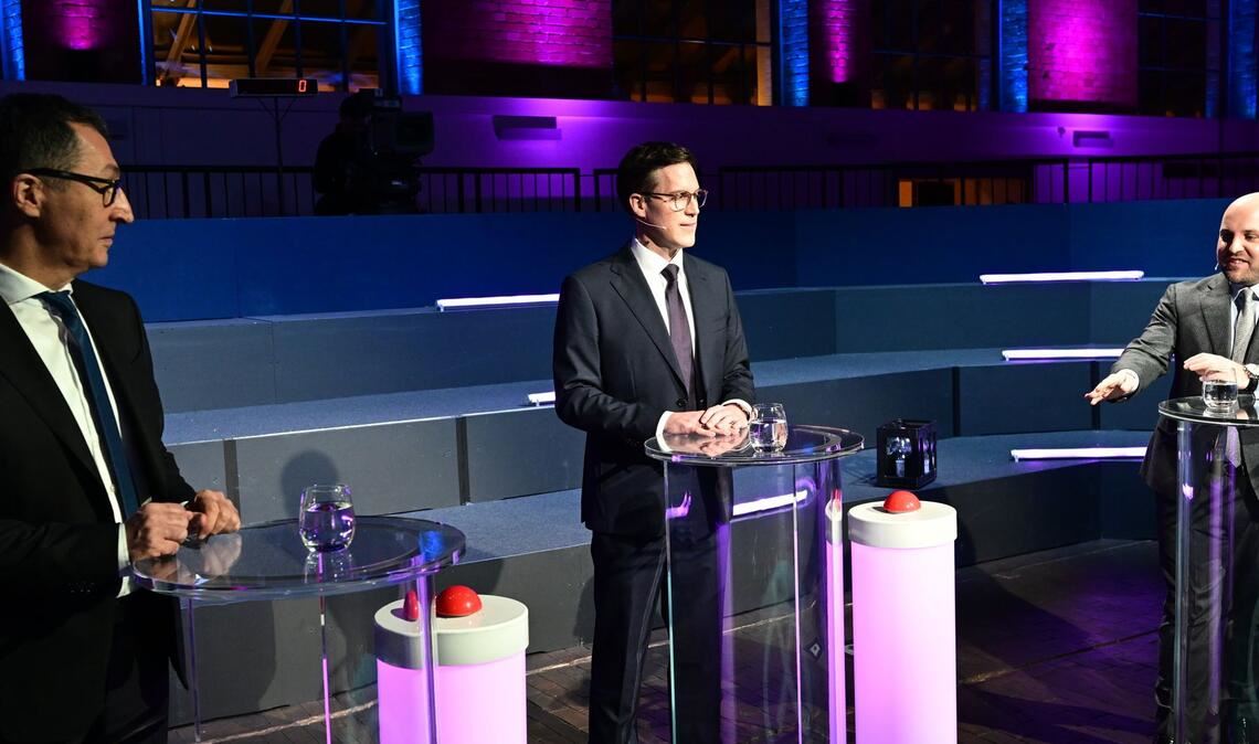 Die Spitzenkandidaten zur Landtagswahl, Cem Özdemir (Grüne, l-r), Manuel Hagel (CDU) und Markus Frohnmaier (AfD)