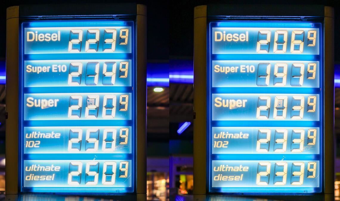 Die Spritpreise an einer Tankstelle in Flensburg vor Mitternacht (links) und am frühen Morgen des 1. Mai.