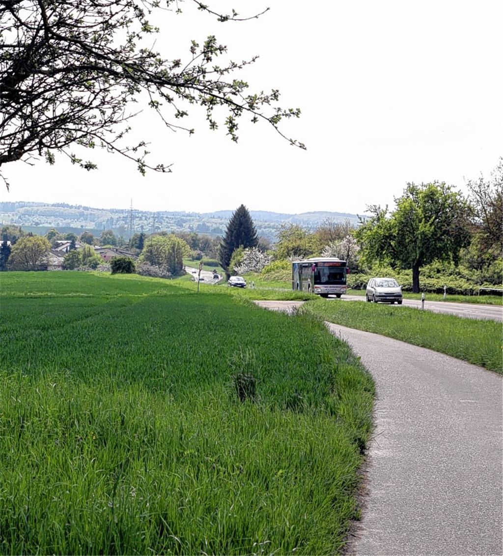 Die Stadt Knittlingen wünscht auf dem Abschnitt zwischen dem Wasserhochbehälter Gigelberg und der August-Lämmle-Straße einen Lückenschluss des Weges für Radfahrer und Fußgänger (Bild li.). Über seine Erfahrungen berichtet beim Ortstermin mit Behördenvertretern und FDP-Abgeordnetem Rülke der passionierte Radler Wolf Reß aus Knittlingen.
