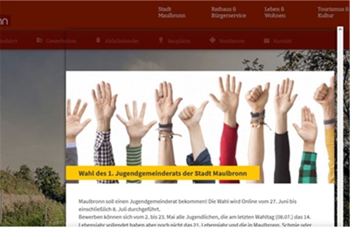 Die Stadt Maulbronn wirbt auf ihrer Internetseite für die Teilnahme an der Jugendgemeinderatswahl. Foto: Screenshot