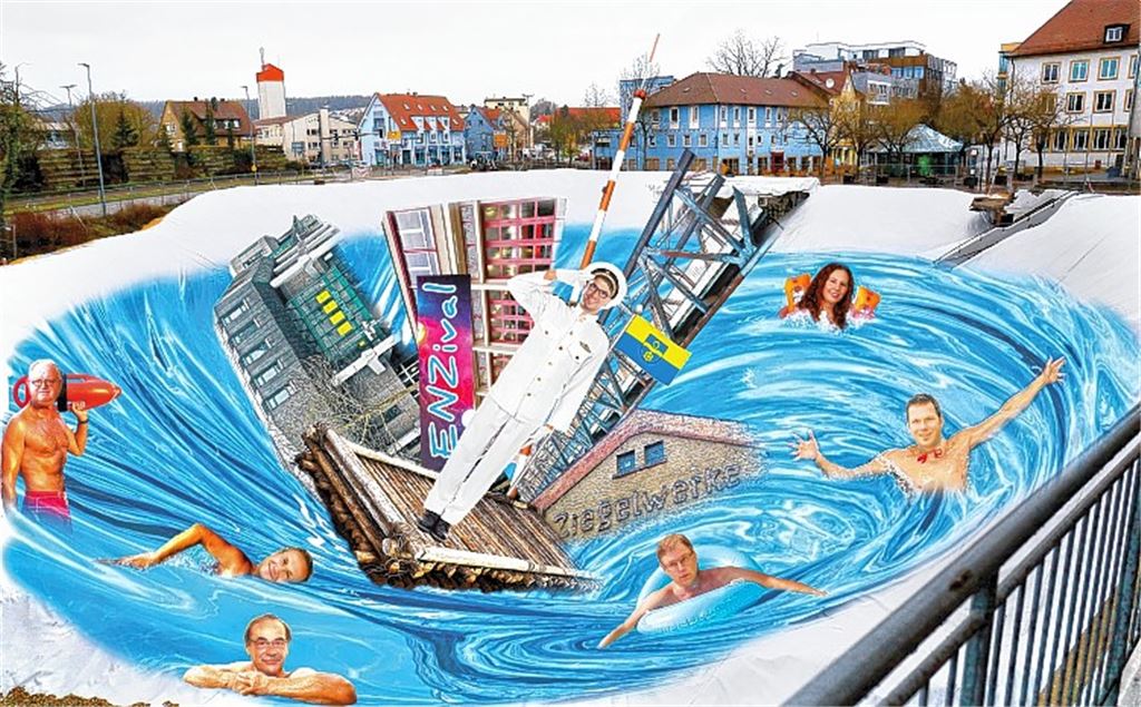 Die Stadt im Abwärtsstrudel? Mitnichten, denn als neue Variante planen Investoren im Mühlehof-Loch am Kelterplatz ein kleines Spaßbad mit lustigem Wasserwirbel.Fotomontage: Odenwälder