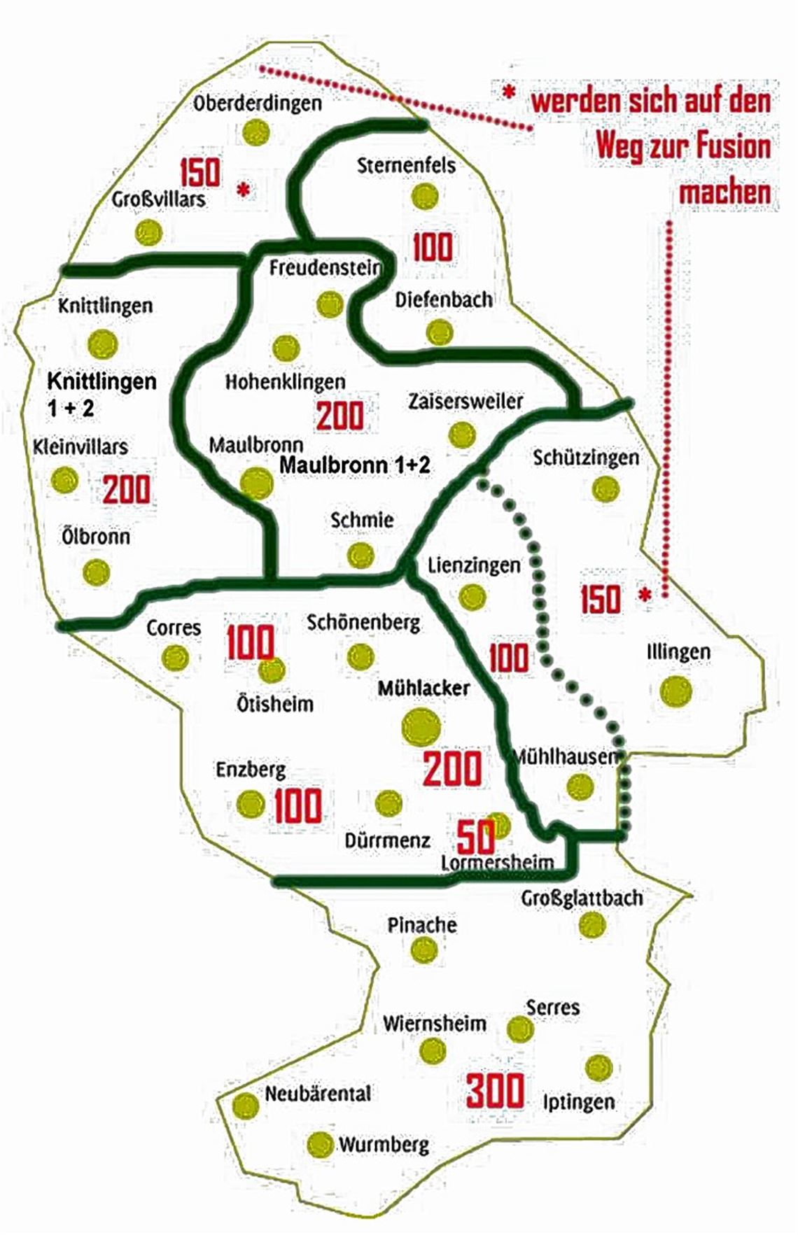 Die Stellenverteilung nach dem neu beschlossenen Pfarrplan („100“ bedeutet eine Stelle). Illingen und Schützingen sollen ebenso fusionieren wie Oberderdingen und Großvillars. Grafik: privat