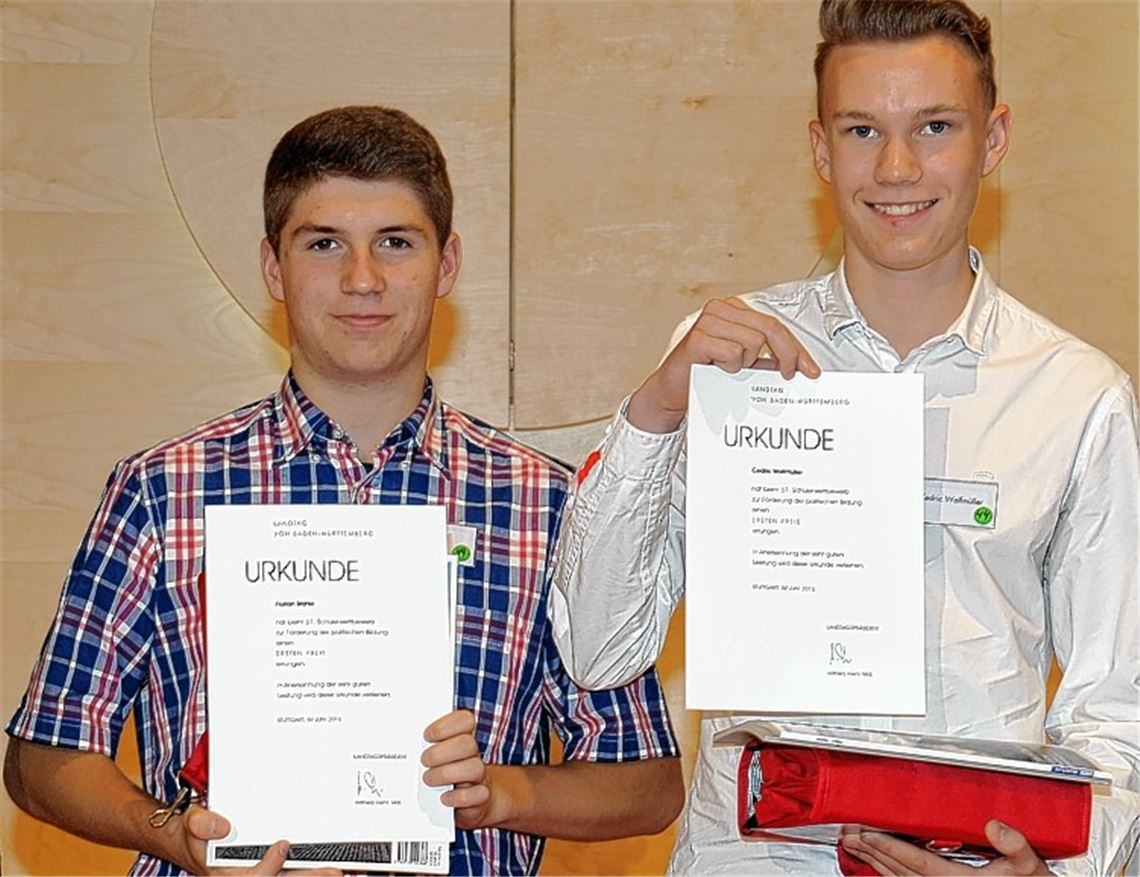 Die THG-Schüler Florian Stähle (li.) und Cedric Wolfsmüller gewinnen Preise im Schülerwettbewerb des Landtags.Foto: privat