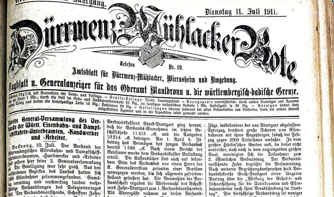 Die Titelseite des Dürrmenz-Mühlacker Boten vom 11. Juli 1911. Fotos: Becker