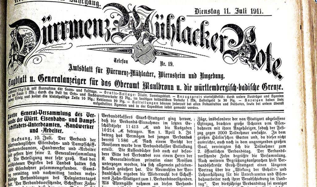 Die Titelseite des Dürrmenz-Mühlacker Boten vom 11. Juli 1911. Fotos: Becker