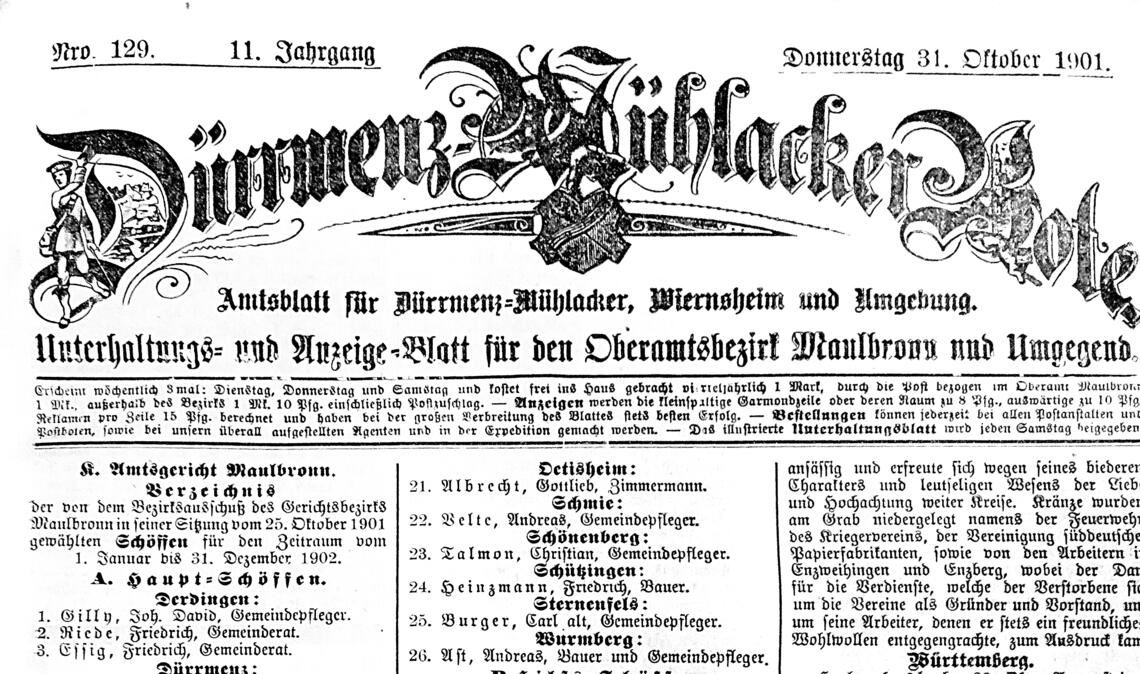Die Titelseite des Dürrmenz-Mühlacker Boten vom 31. Oktober 1901. Fotos: Becker