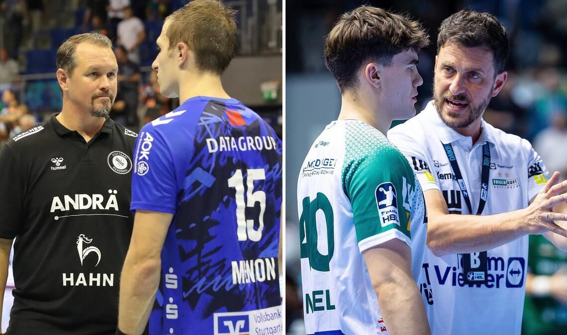 Die Trainer mit ihren Spielmachern: Misha Kaufmann (li.) vom TVB mit Simone Mengon und Ben Matschke von Frisch Auf mit Elias Newel.