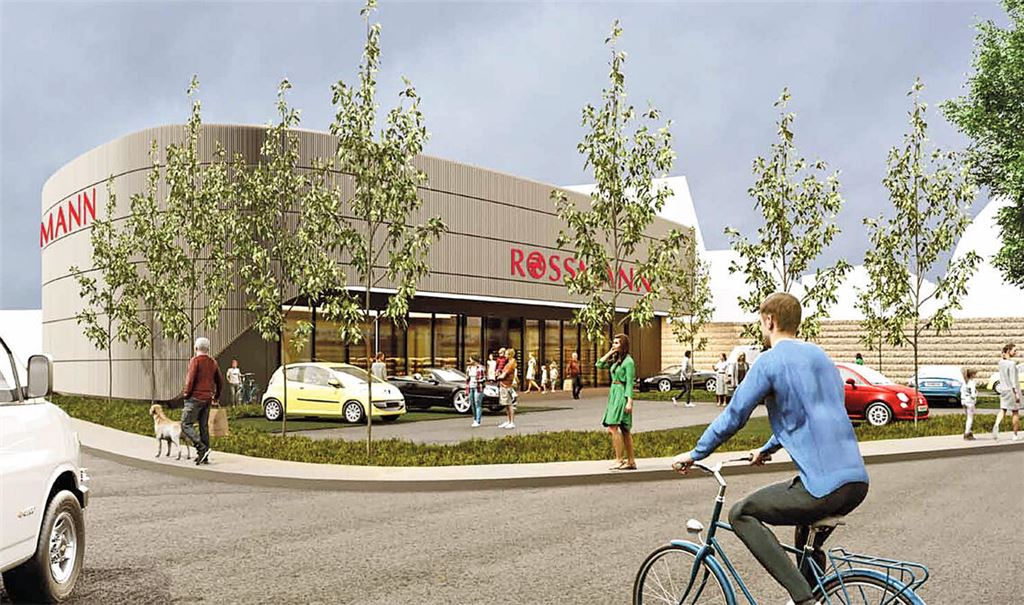 Die Visualisierung zeigt, wie die Rossmann-Filiale an der Ecke Goethestraße und Pforzheimer Straße aussehen soll. Grafik und Plan: INEX architektur