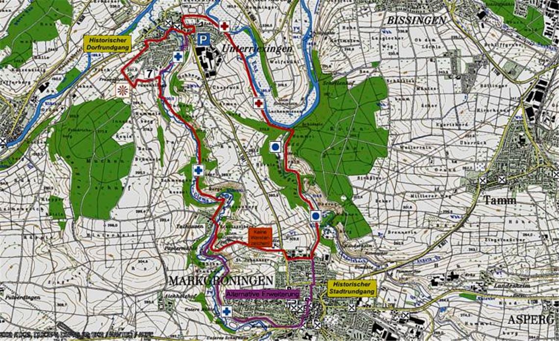 Die Wanderung führt durch die Täler- und Flusslandschaft zwischen Unterriexingen und Markgröningen. Grundlage für die Route ist die topographische Karte 1:50000 des Landesamtes für Geoinformation und Landentwicklung Baden-Württemberg (www.lgl-bw.de).