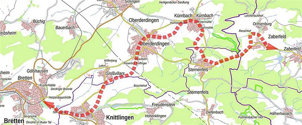Die Westanbindung der Zabergäubahn könnte von Leonbronn aus über Sternenfels, Kürnbach, Oberderdingen, Großvillars und Knittlingen nach Bretten verlaufen. Plan: Otto Mansdörfer