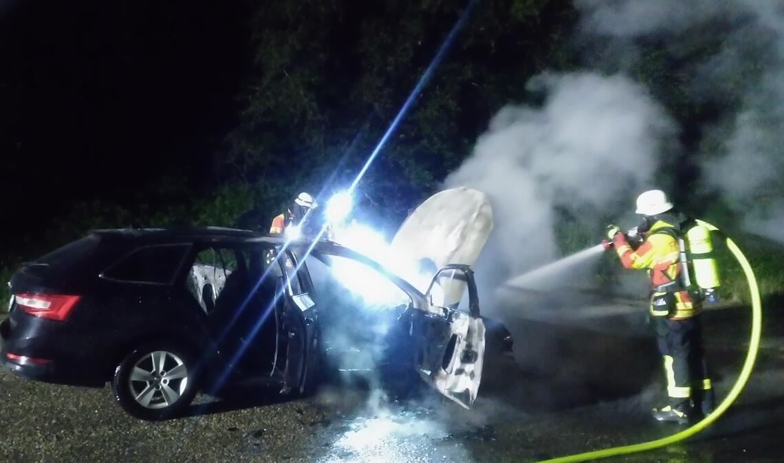 Die Wiernsheimer Feuerwehr hat den Autobrand schnell unter Kontrolle. Foto: privat